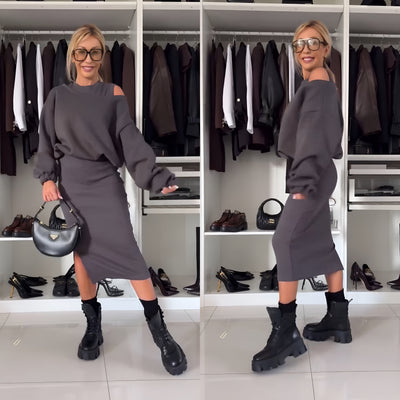 Amélie Luxe™ | Ensemble avec top off-shoulder et jupe midi