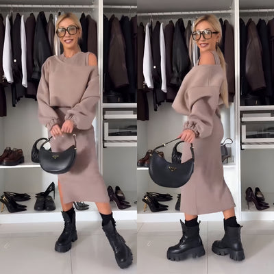 Amélie Luxe™ | Ensemble avec top off-shoulder et jupe midi