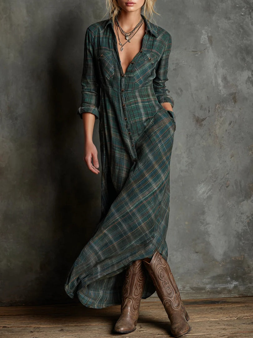 Sézane™ | Robe longue à revers à carreaux verts