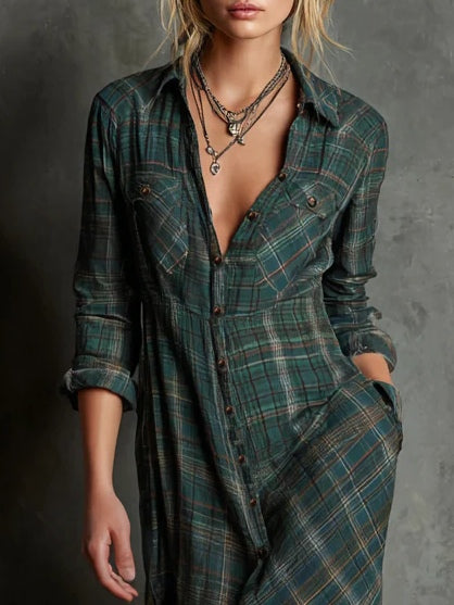 Sézane™ | Robe longue à revers à carreaux verts