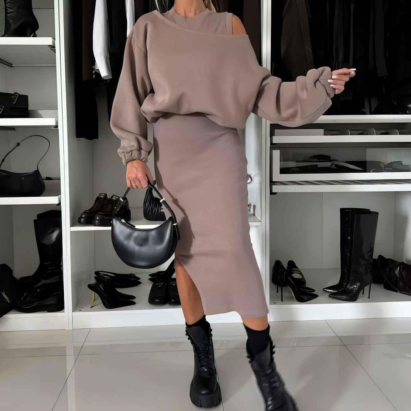 Amélie Luxe™ | Ensemble avec top off-shoulder et jupe midi