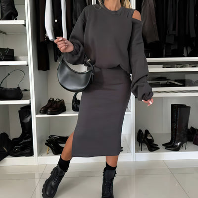 Amélie Luxe™ | Ensemble avec top off-shoulder et jupe midi