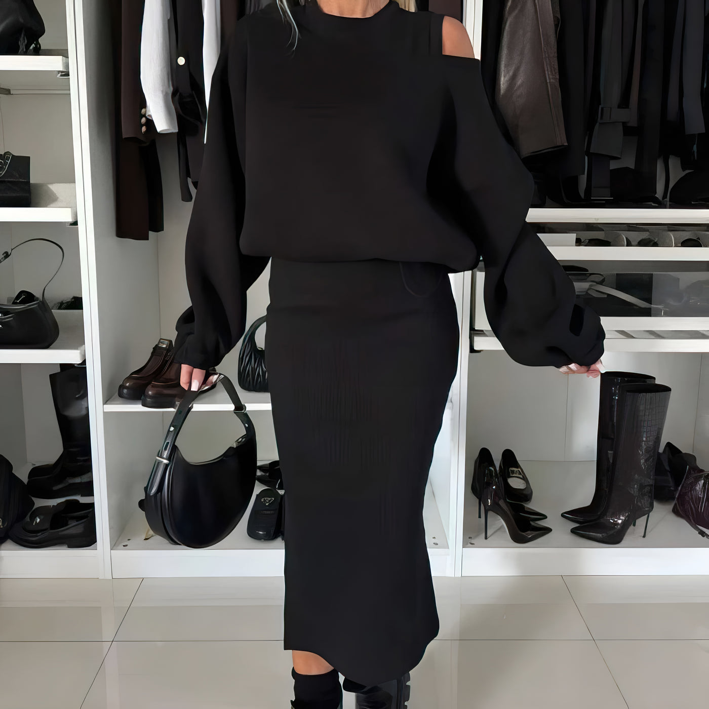 Amélie Luxe™ | Ensemble avec top off-shoulder et jupe midi