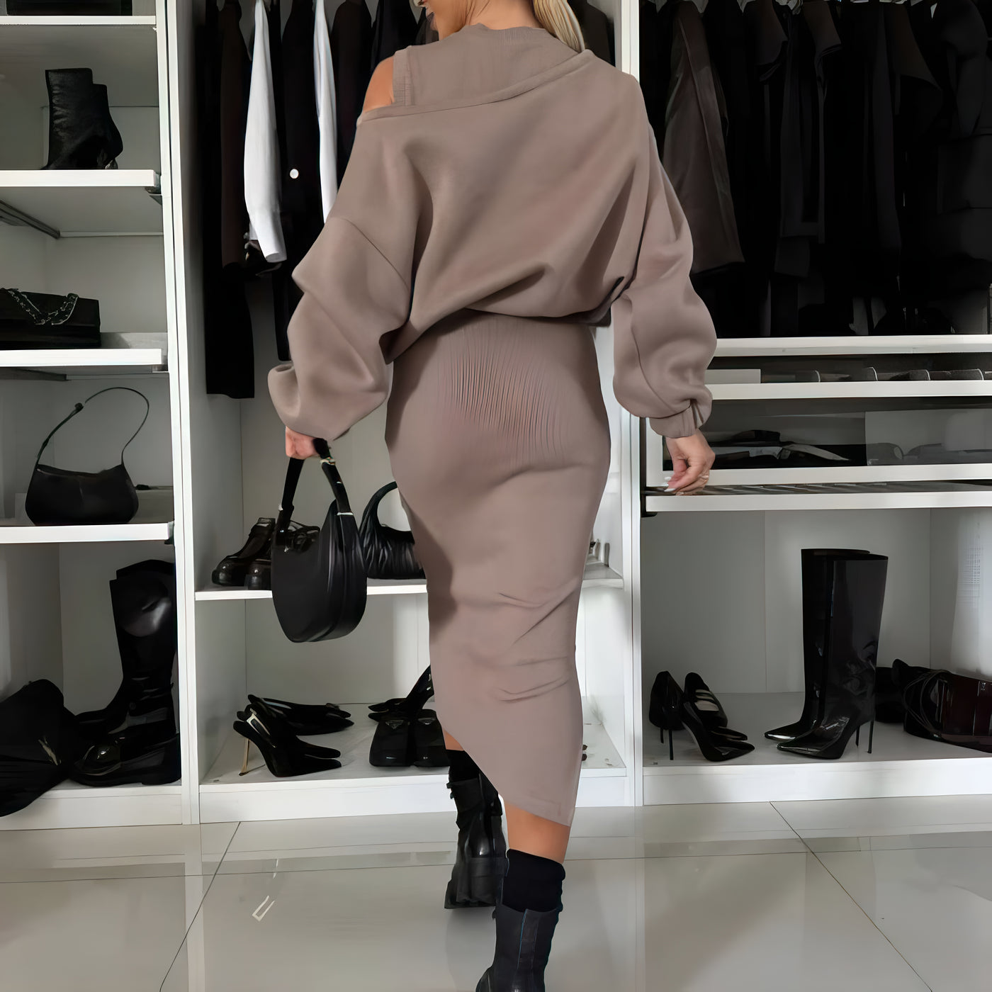 Amélie Luxe™ | Ensemble avec top off-shoulder et jupe midi